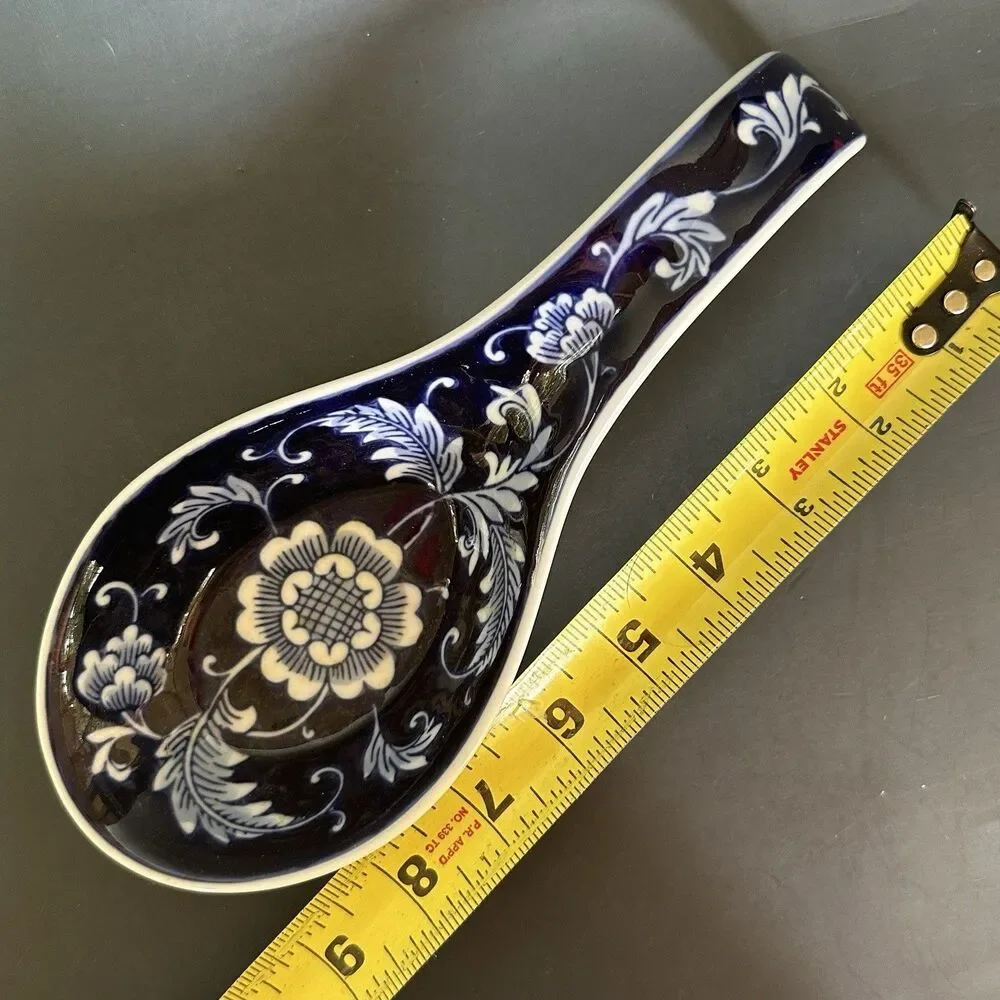 Vintage Pier 1 Blue White Ceramic Spoon Rest Floral Porcelain Kitchen Counter